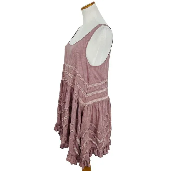 Free People Pink Tiered Ruffle Voile & Lace Mini Slip Dress | Cottagecore Boho M - Picture 6 of 16